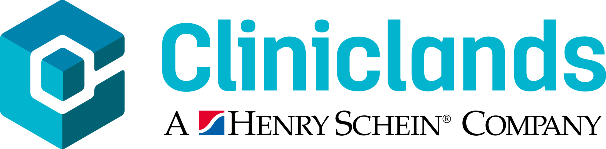 Cliniclands logotyp har en blå och kricka geometrisk hexagon med en 