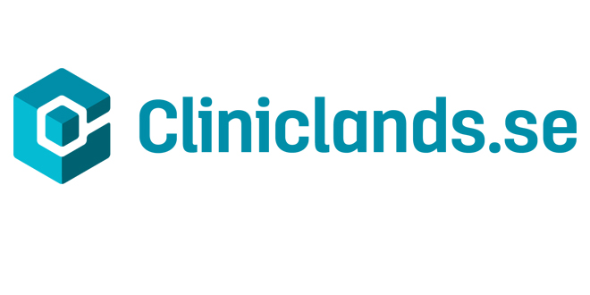 Bilden visar logotypen för Cliniclands.se med ett turkost sexkantigt emblem och webbplatsens namn skrivet med turkosa bokstäver, vilket framhäver deras tjänster som inkluderar tandläkare eskilstuna.