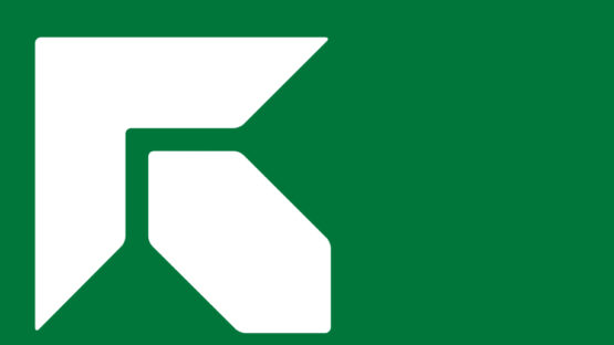 En grön bakgrund med en vit geometrisk logotyp som består av en vinkelform som pekar åt vänster och en rektangulär form under den, som påminner om precisionen i tandreglering Eskilstuna.